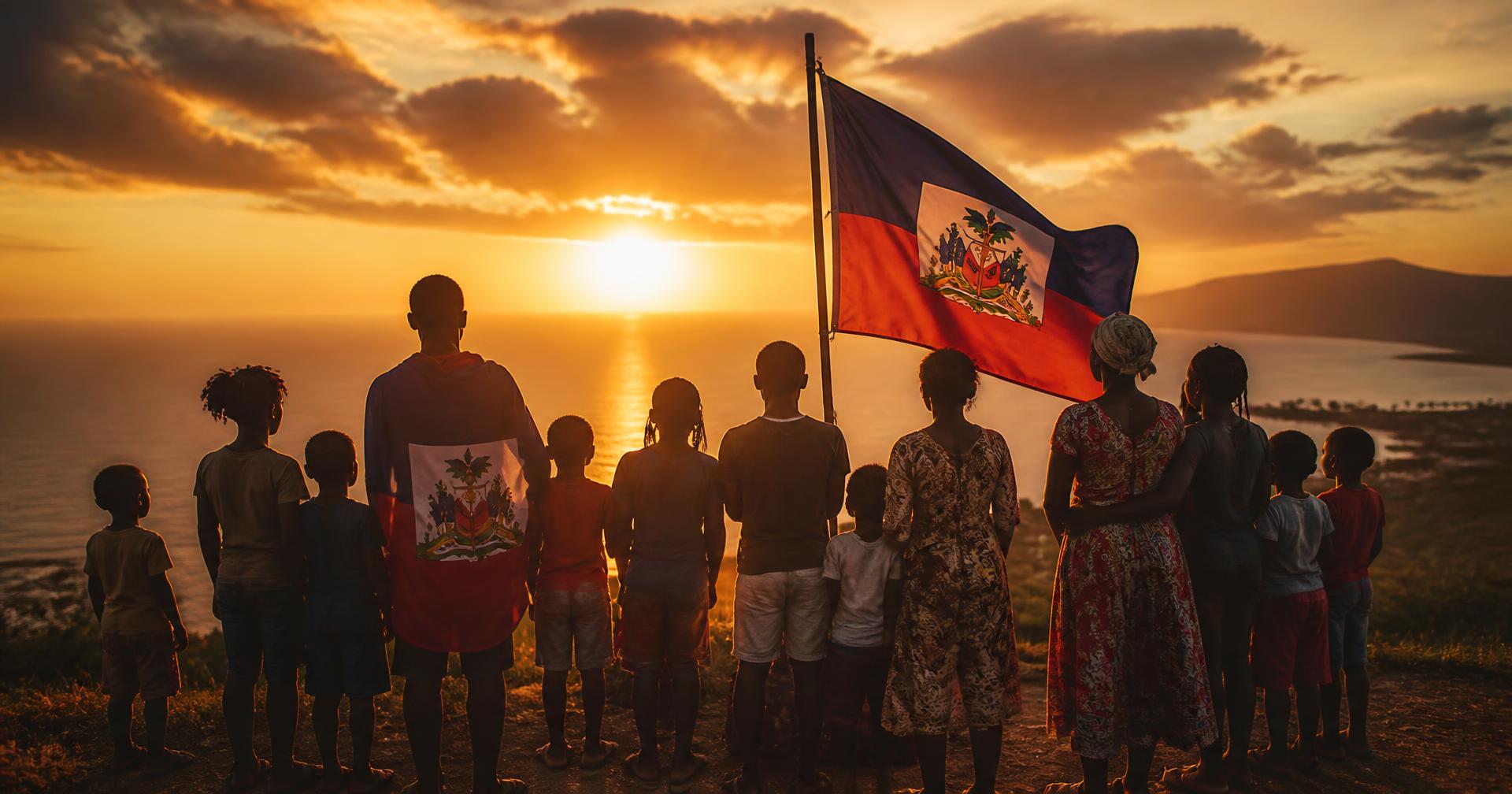 Placeholder — Haitian families, children, and ministry participants gathered at golden hour
