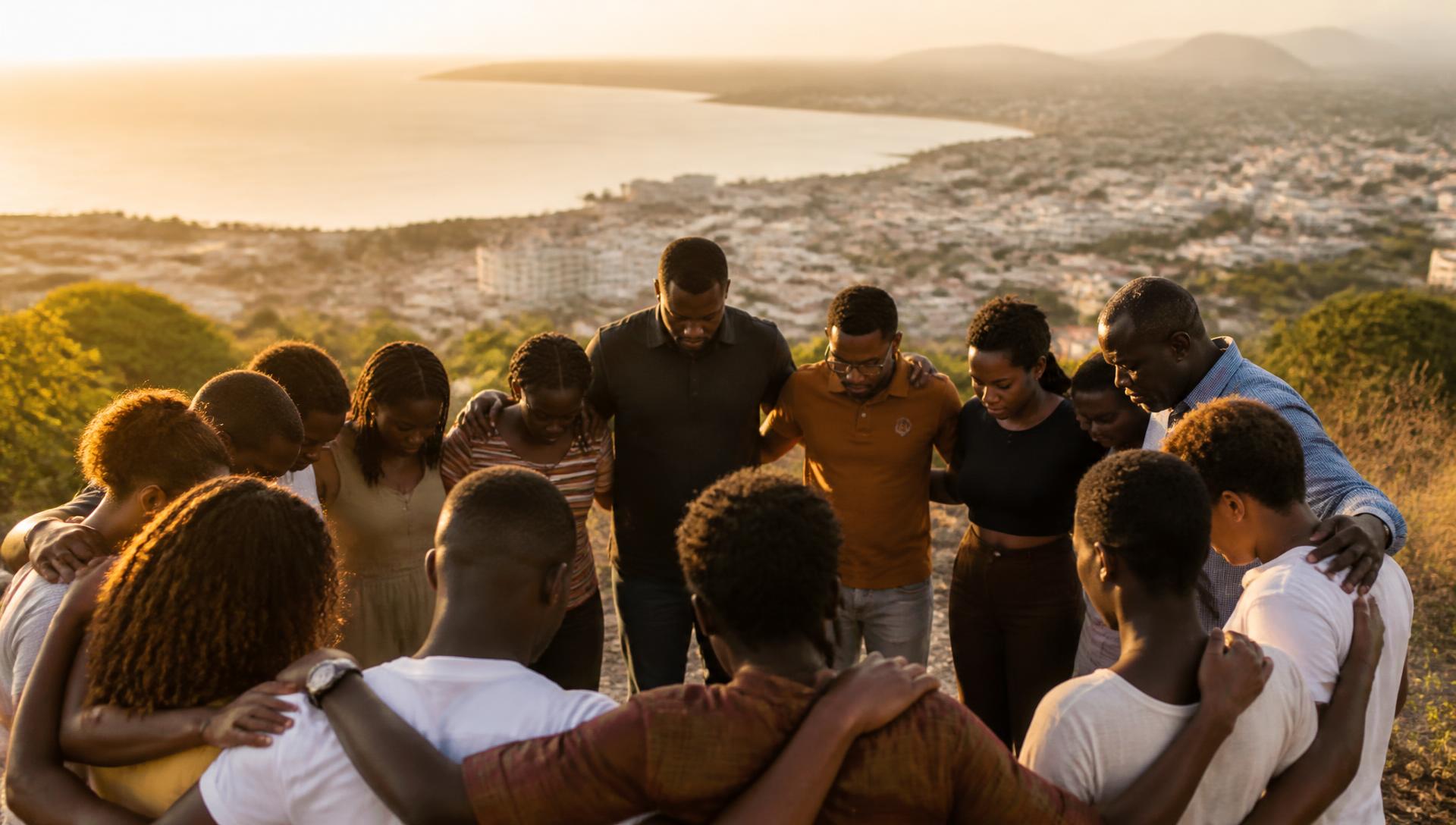 Haitian leaders and young people praying together on a hillside overlooking Cap-Haitien at golden hour