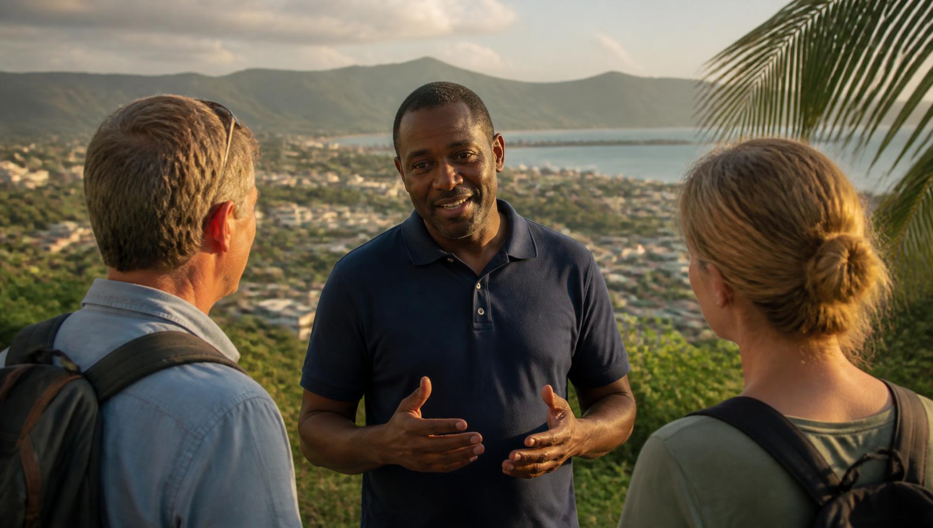 Placeholder — a YWAM Cap-Haiti leader speaking with visitors on a hillside above Cap-Haitien