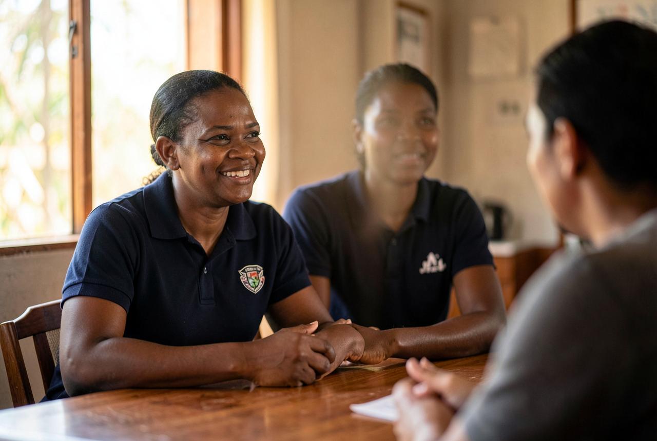 Placeholder — a YWAM Cap-Haiti team member in conversation with a visitor