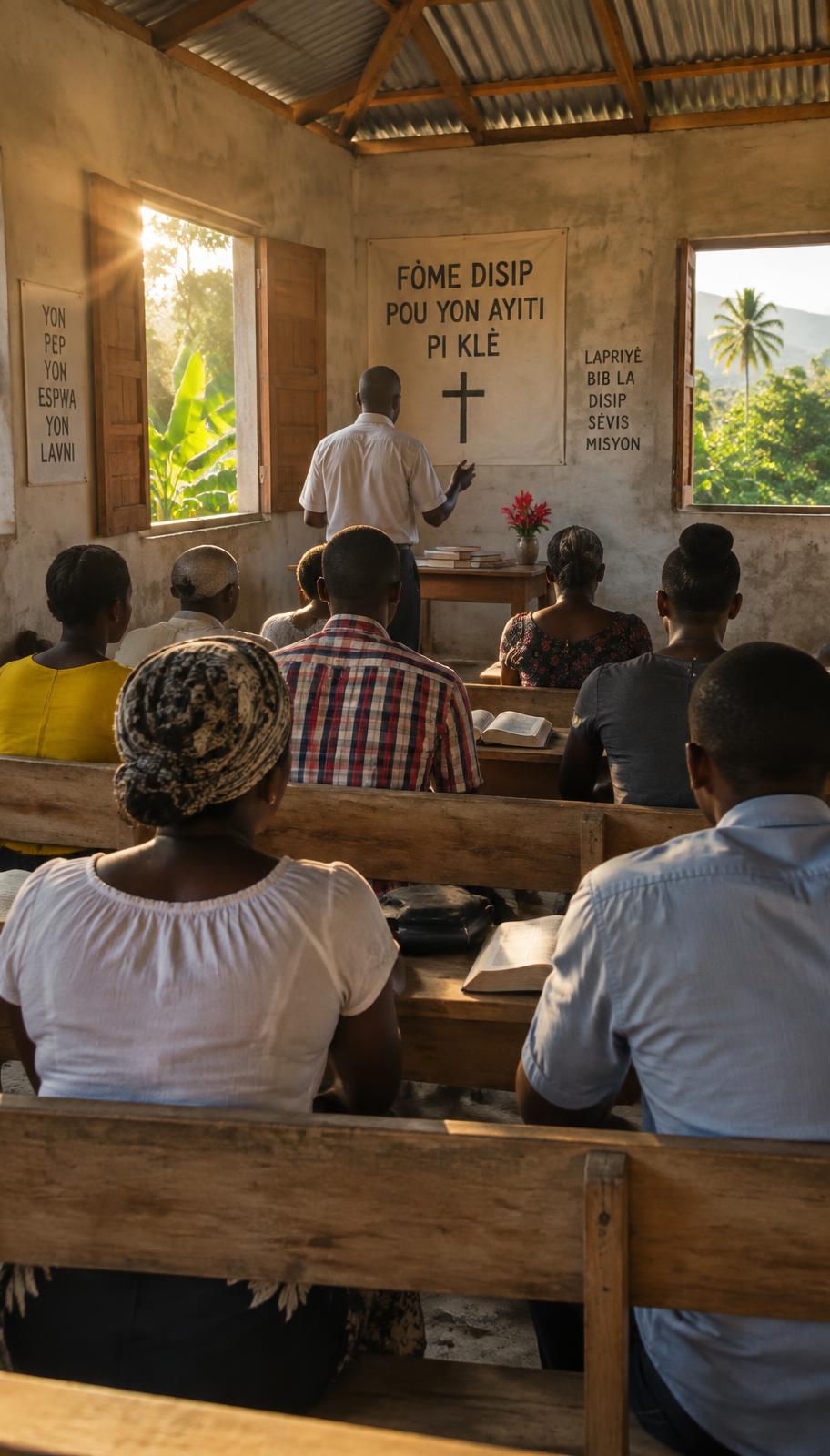 Placeholder — training session in a classroom in Cap-Haïti, seen from the rear
