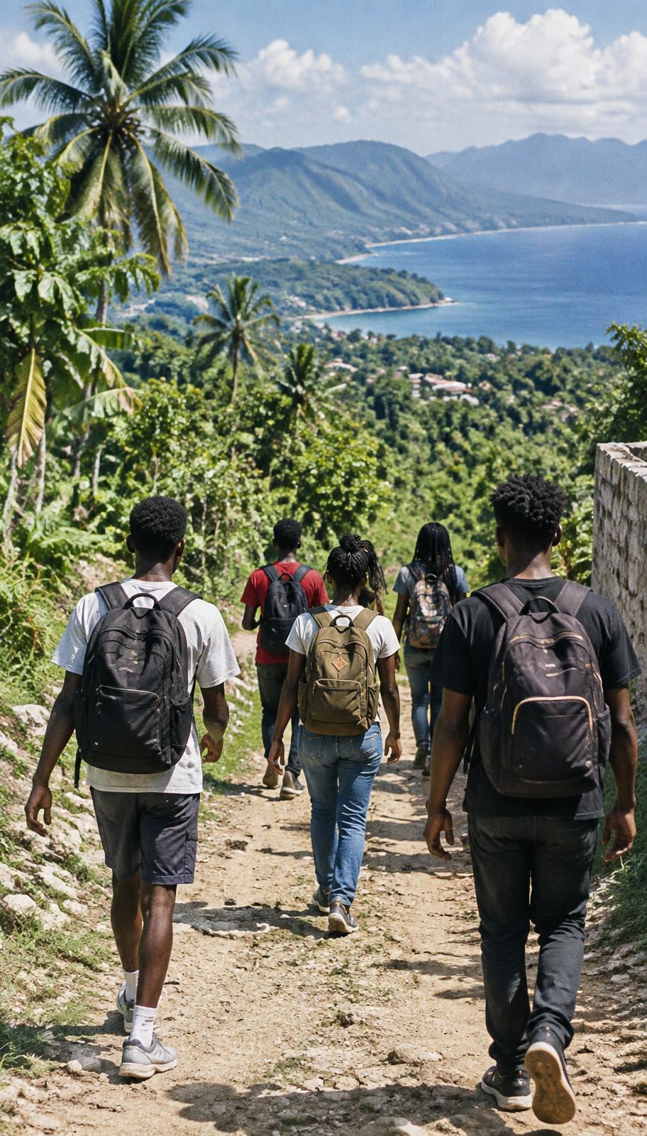 Placeholder — team walking a tropical path in Haiti, seen from behind