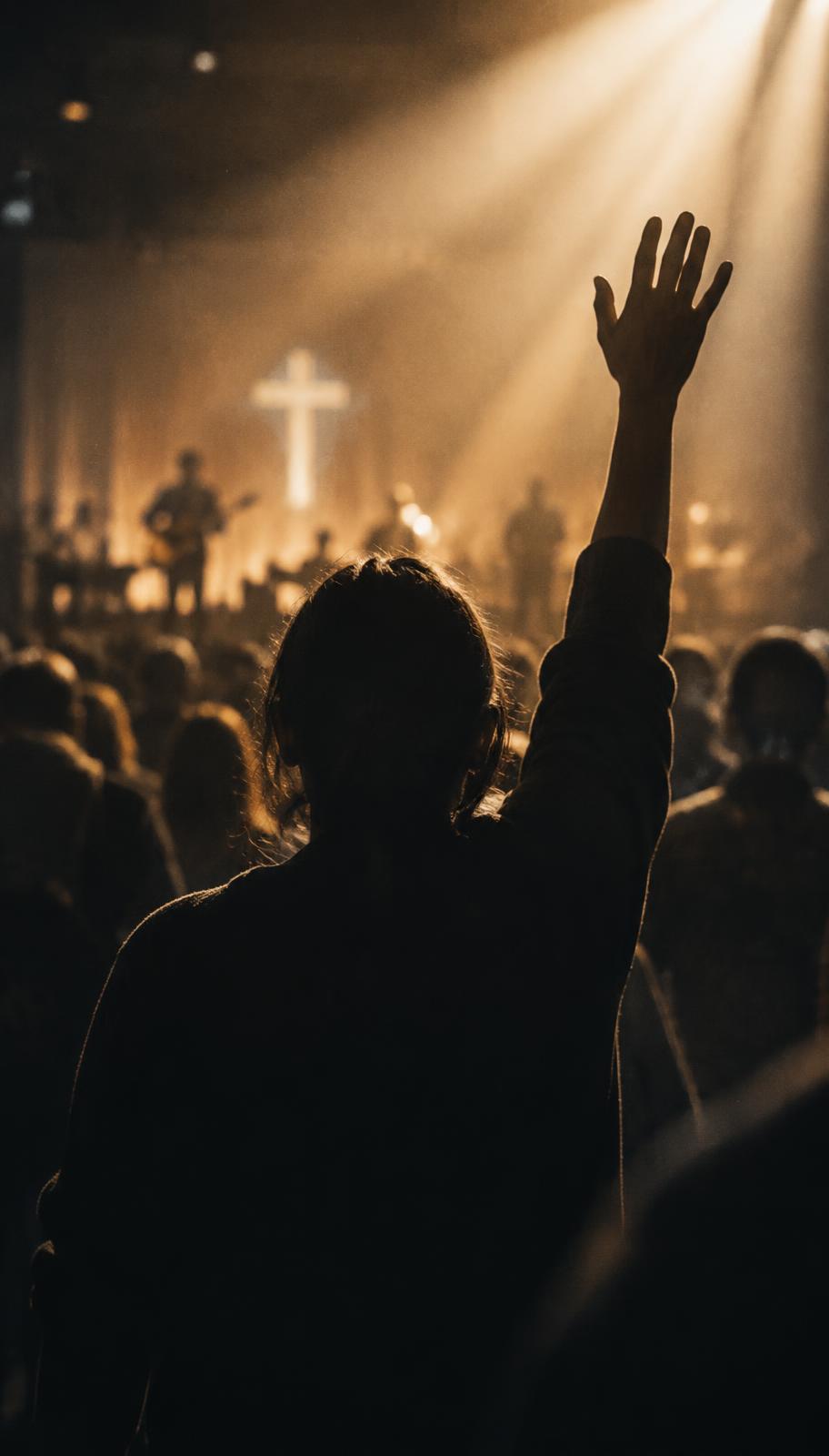 Placeholder — worship gathering with a raised hand in silhouette