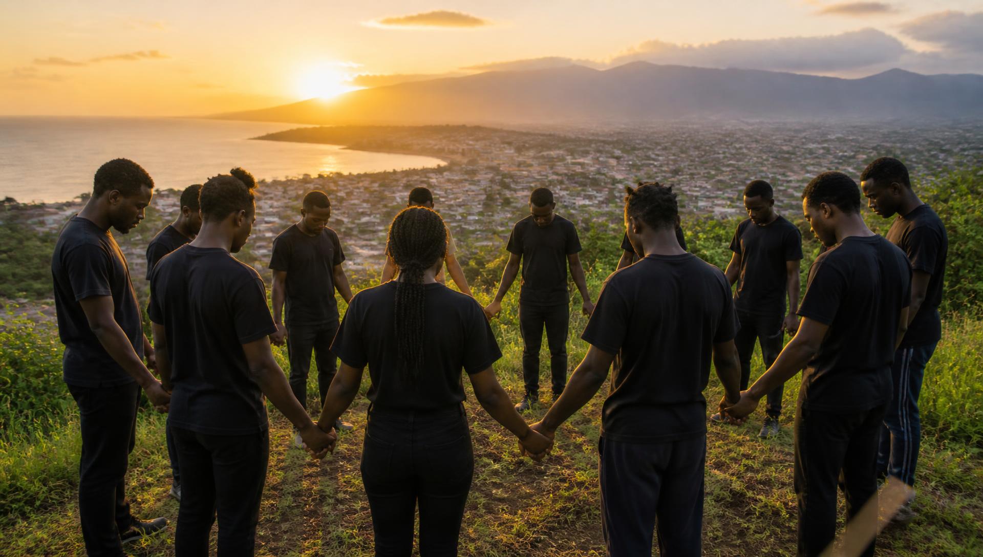 Placeholder — Haitian trainees praying together on an overlook above Cap-Haitien at sunrise