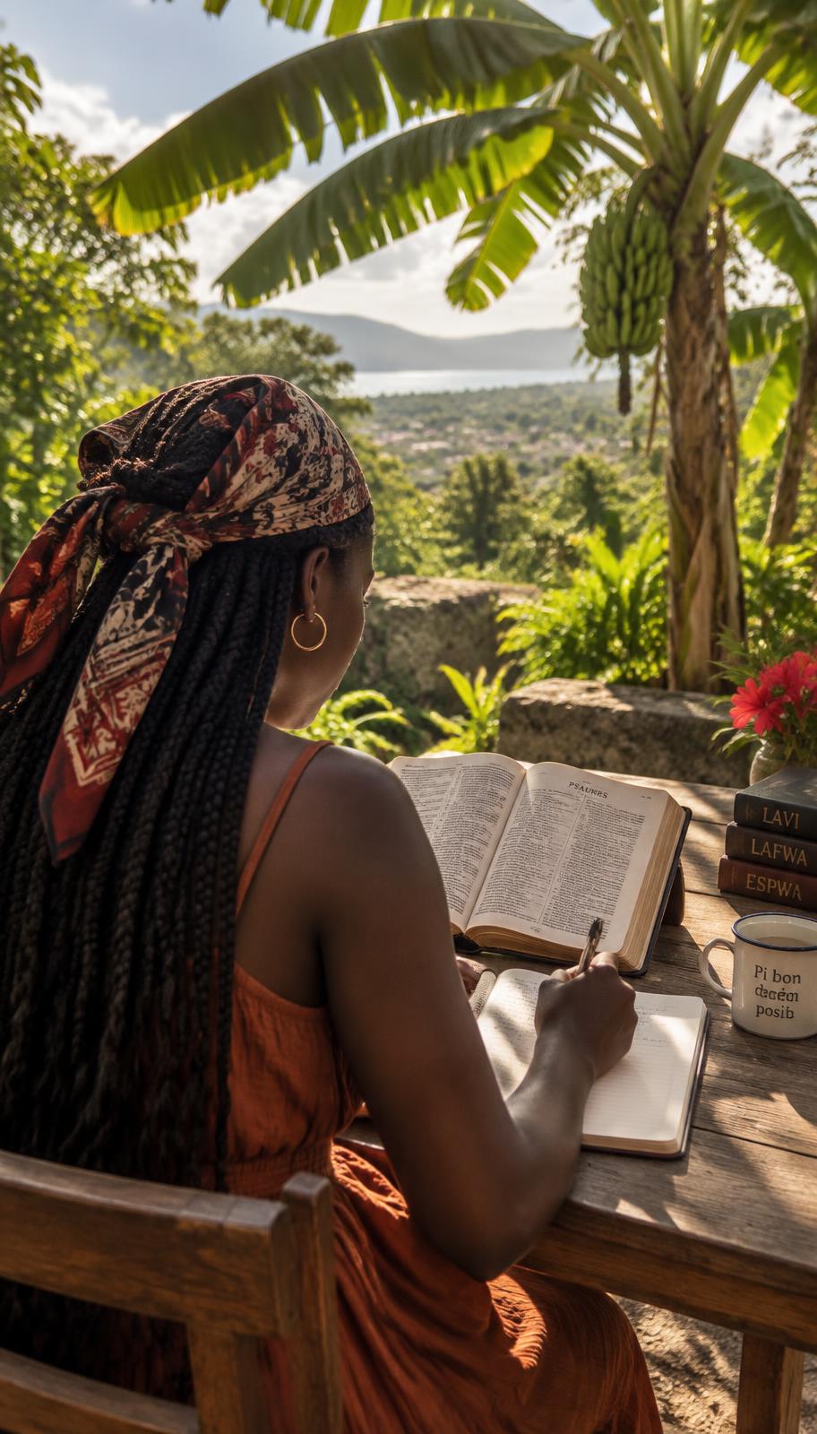 A student writing notes beside an open Bible at an outdoor table surrounded by tropical greenery in Haiti
