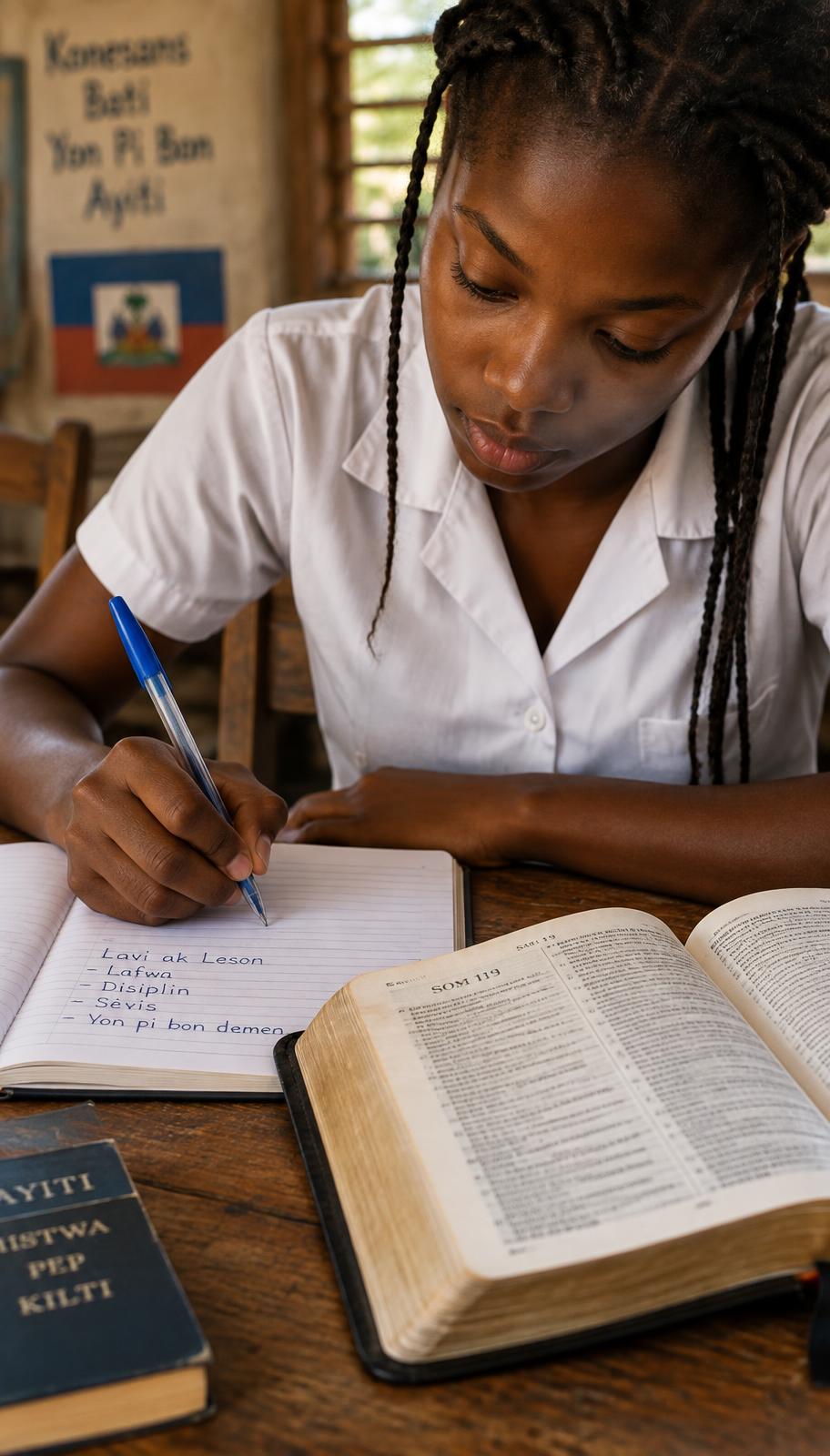 Close-up of a student writing handwritten notes next to a large open Bible on a wooden table