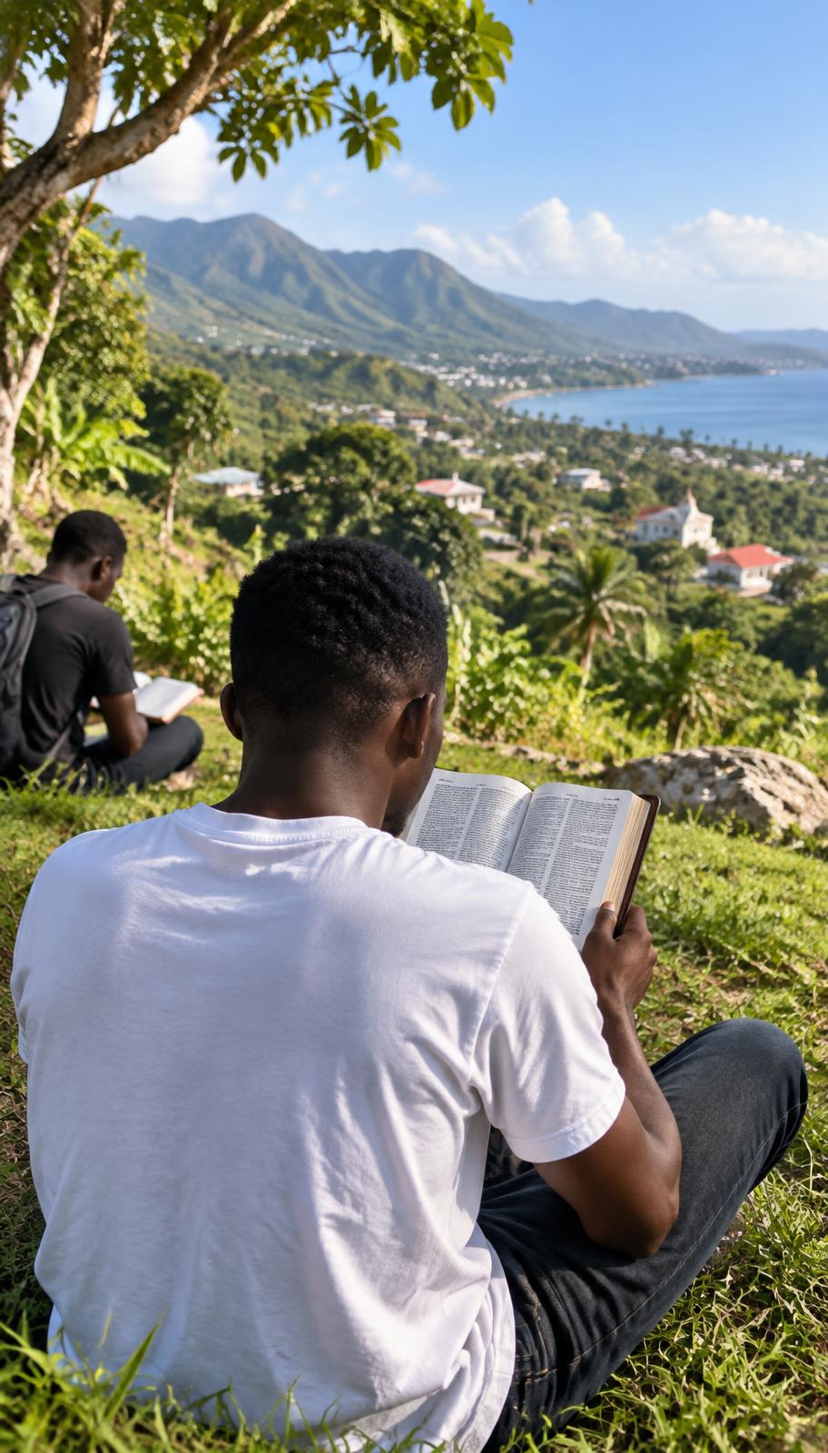 A student sitting on a grassy hillside in Haiti reading an open Bible, with the coast in the distance