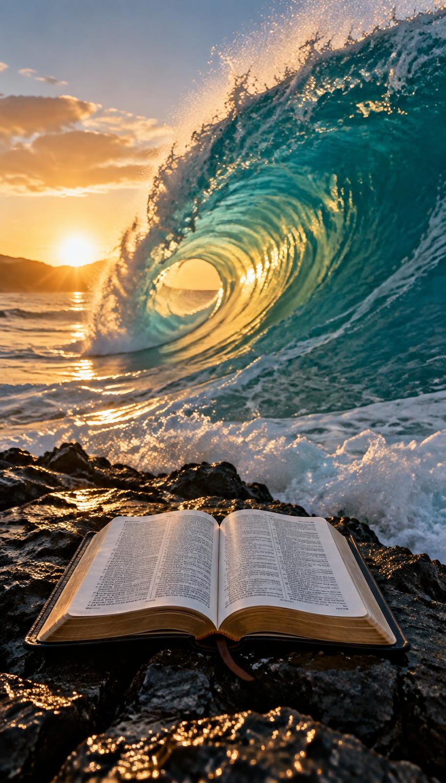 An open Bible resting on coastal rock as a large ocean wave rises behind it at sunrise