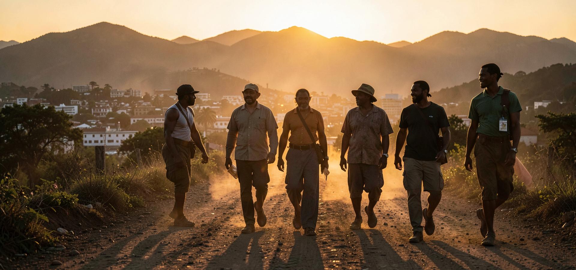 Placeholder — Haitian leaders and volunteers walking together toward Cap-Haitien at sunset
