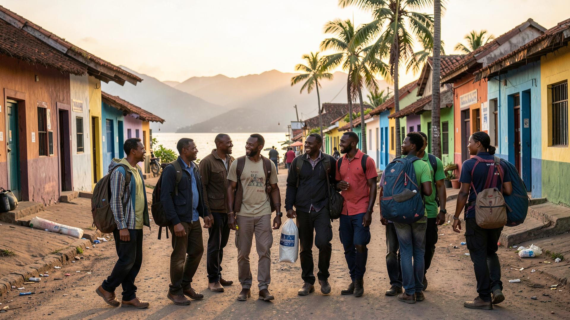 Placeholder — Haitian leaders and international volunteers walking together through a Cap-Haitien neighborhood at sunrise