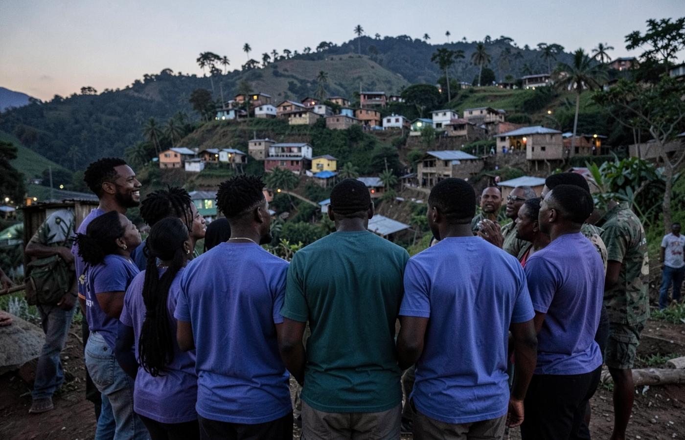 Placeholder — a mission team standing with Haitian leaders above a hillside community